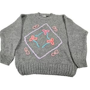 Vintage 90's Designers Originals Soft Women's Gray Sweater Size XL Bows Ribbons